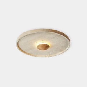 Travertine round ceiling light with wooden center accent, front overhead view on white background
