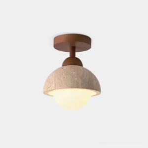 Travertine semi-flush ceiling light fixture front view studio white background