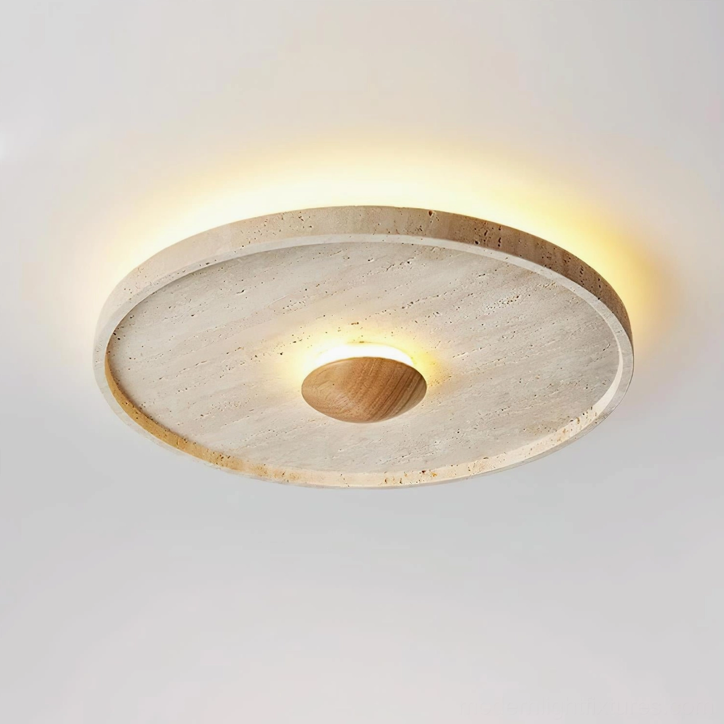 Natural travertine ceiling light with warm 3000K LED showing authentic stone characteristics