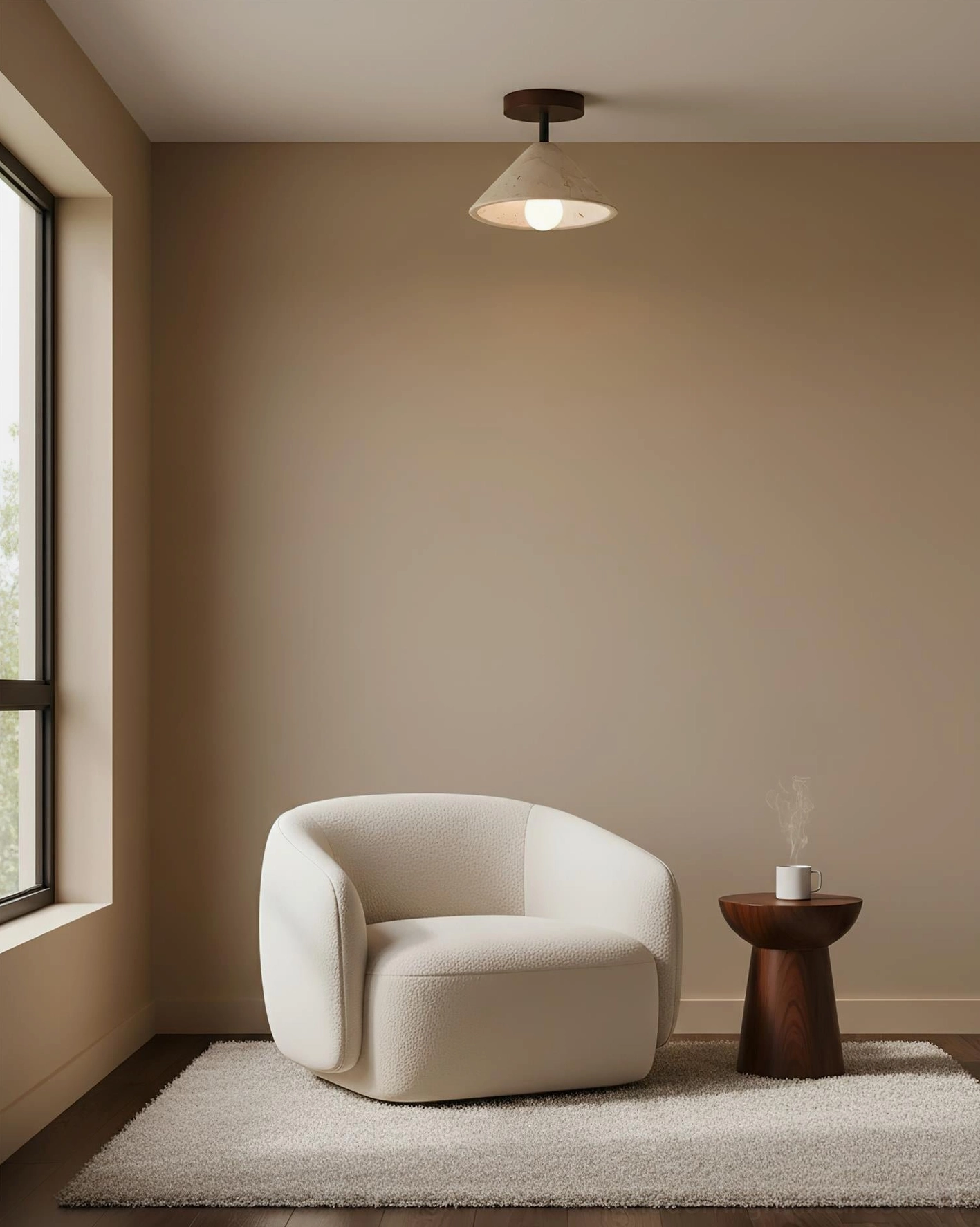 Sierra travertine ceiling light in warm living room with armchair and boho wabi-sabi decor