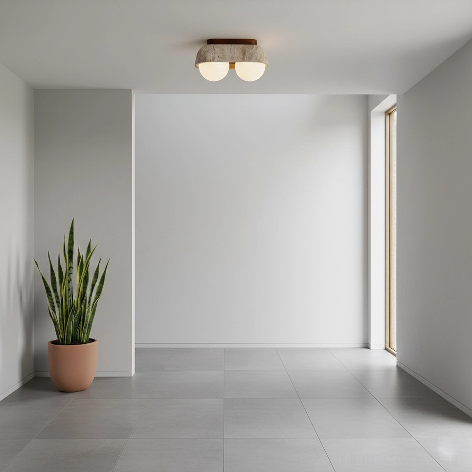 2-head travertine minimalist ceiling fixture in clean empty corridor with potted green plant accent