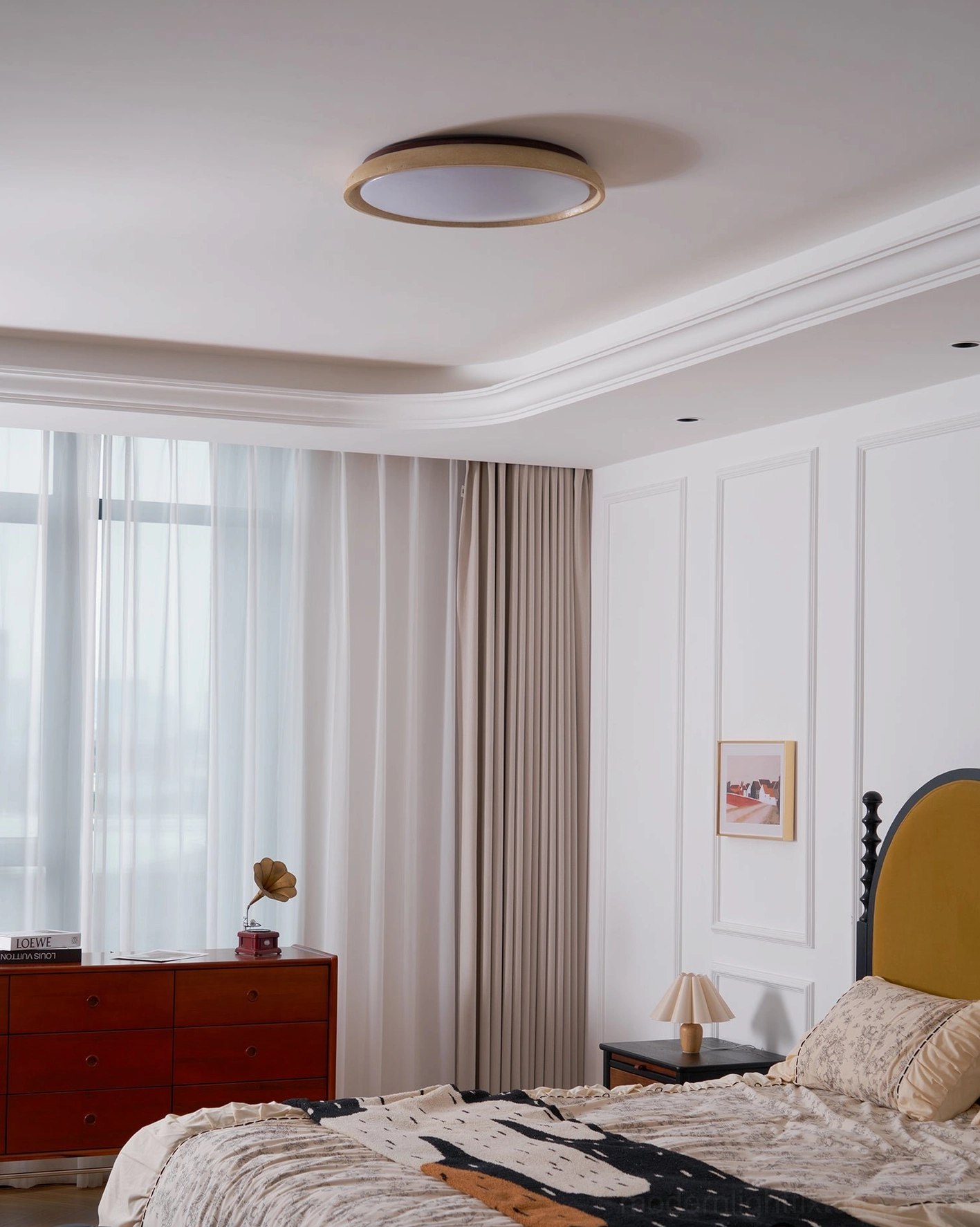Travertine natural stone ceiling light in residential room with soft diffused illumination
