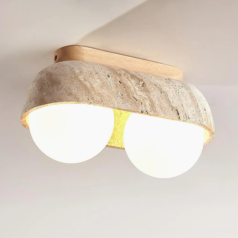 2-head travertine ceiling light fixture with natural wood color canopy in minimalist hallway space