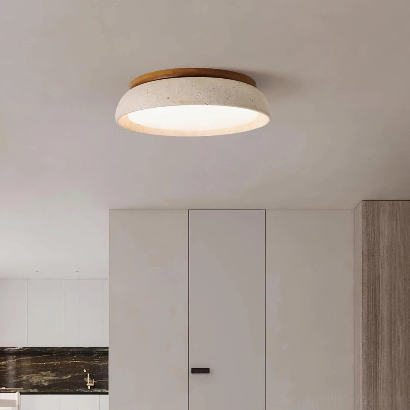 Travertine ceiling light fixture in residential bedroom setting with warm neutral color palette