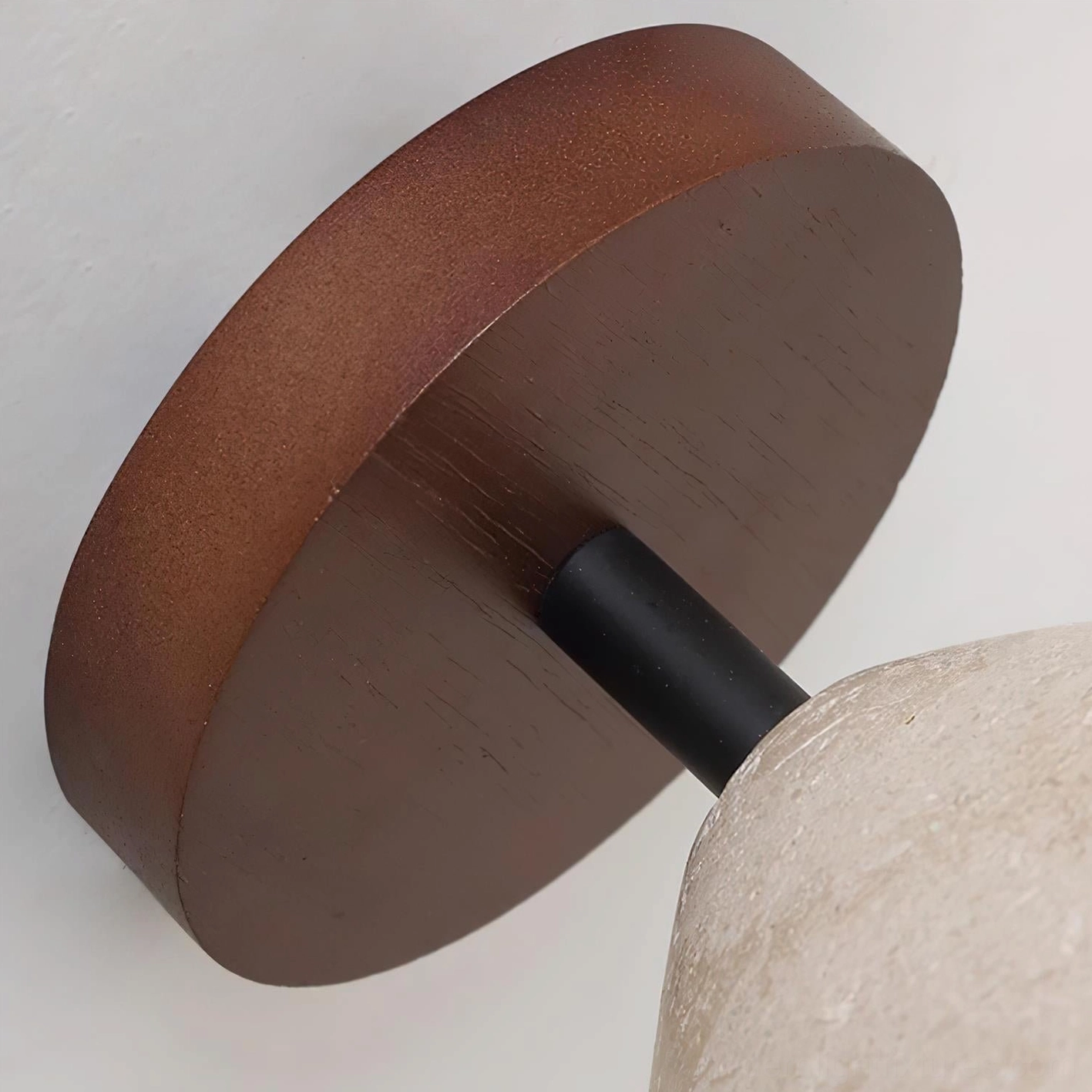 Sierra travertine ceiling light detail view of conical shade with exposed E26 E27 socket and bulb