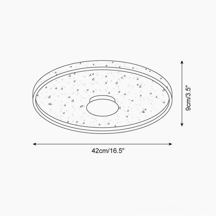 Technical specification drawing of travertine ceiling lamp showing 42cm diameter and 9cm height