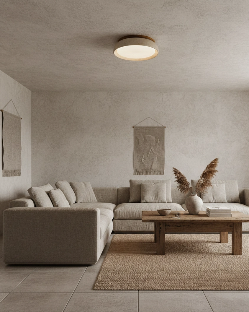 Natural stone travertine ceiling light showing unique veining pattern and surface characteristics