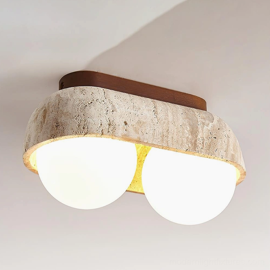 2-head travertine ceiling light fixture with walnut wood canopy and beige stone detail shot