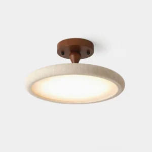 Kelva travertine natural stone ceiling light with walnut wood canopy, warm minimalist design