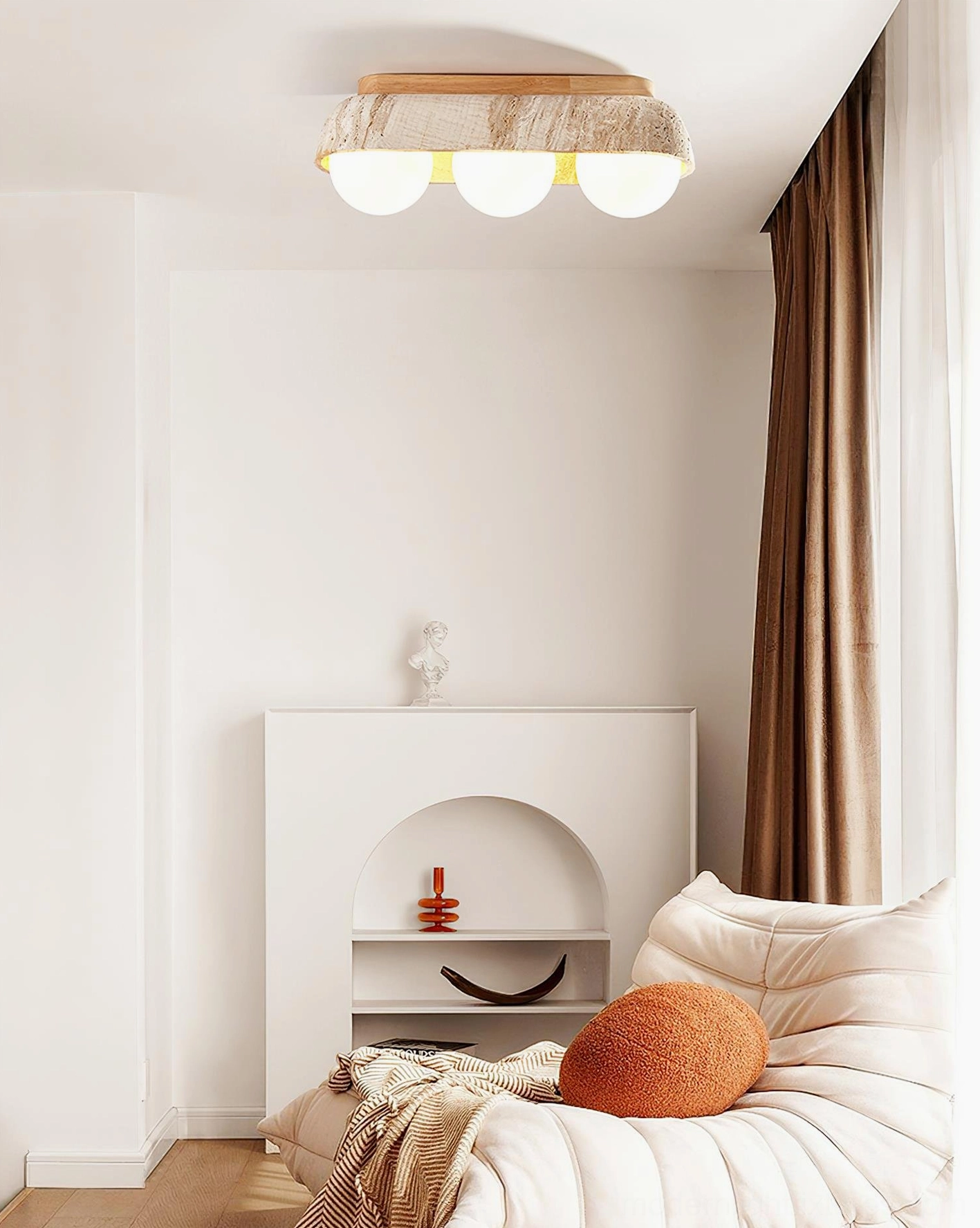 Travertine ceiling light fixture with warm glow showing frosted glass sphere and natural wood canopy