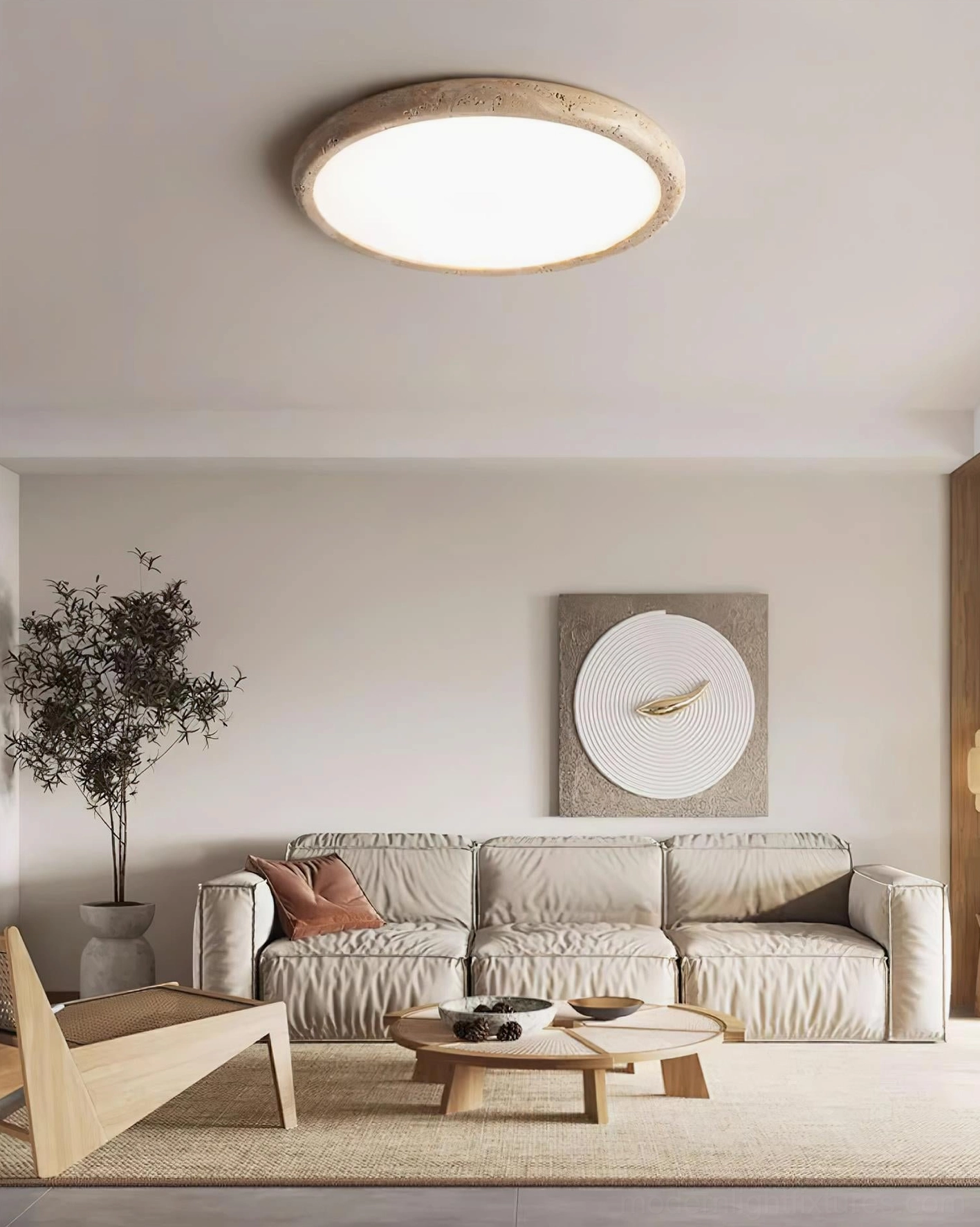Travertine stone ceiling fixture warm 3000K color temperature ambient light