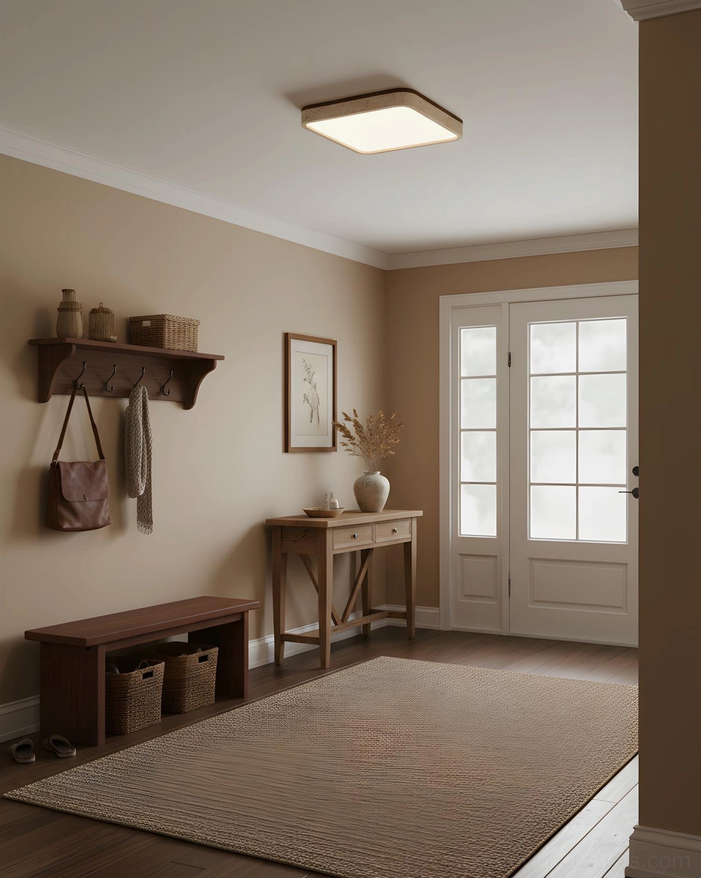 Kirin modern travertine ceiling light product photography - warm white LED glow detail