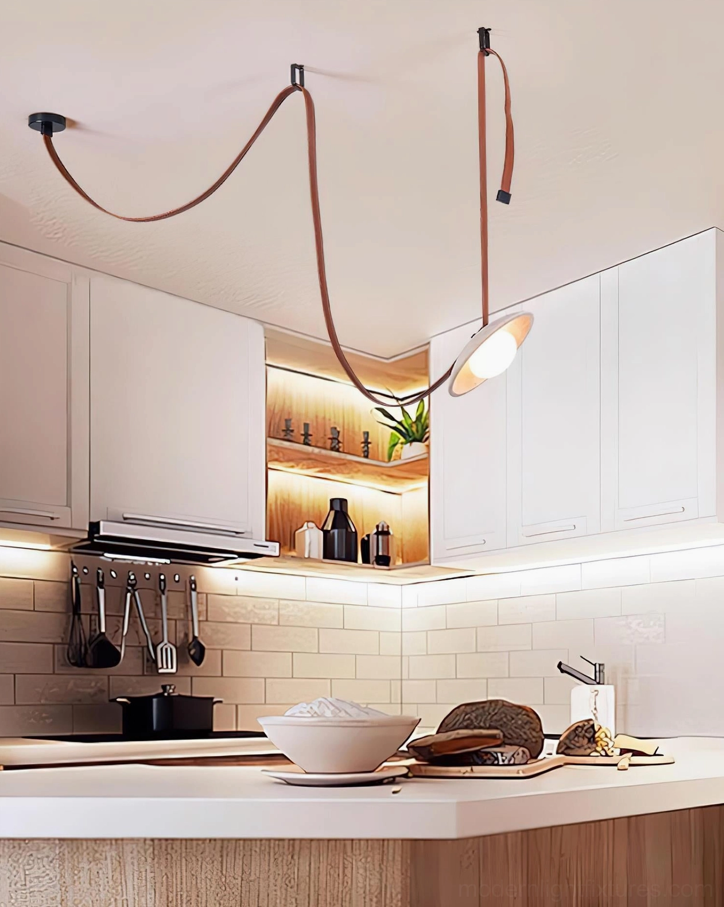 Modern travertine chandelier architectural view showing curved pendant array and metal hardware integration