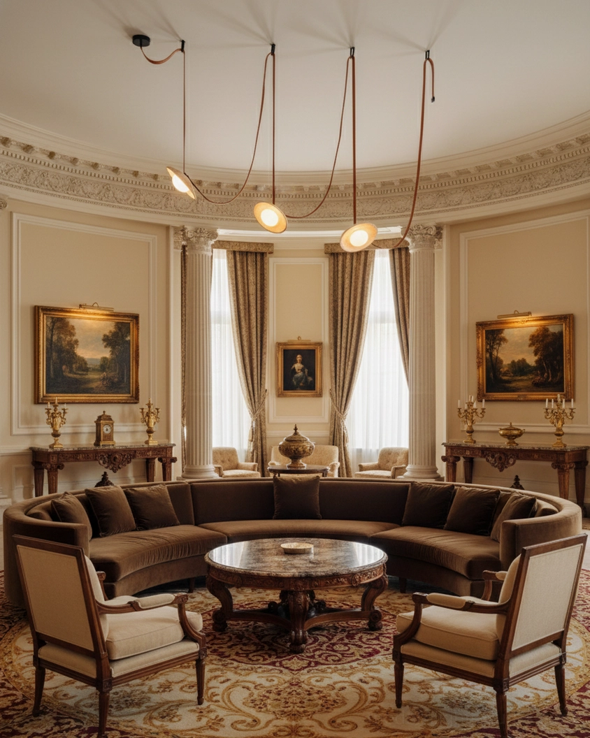 Contemporary pendant light in ornate traditional living room with curved sectional, elegant interior setting