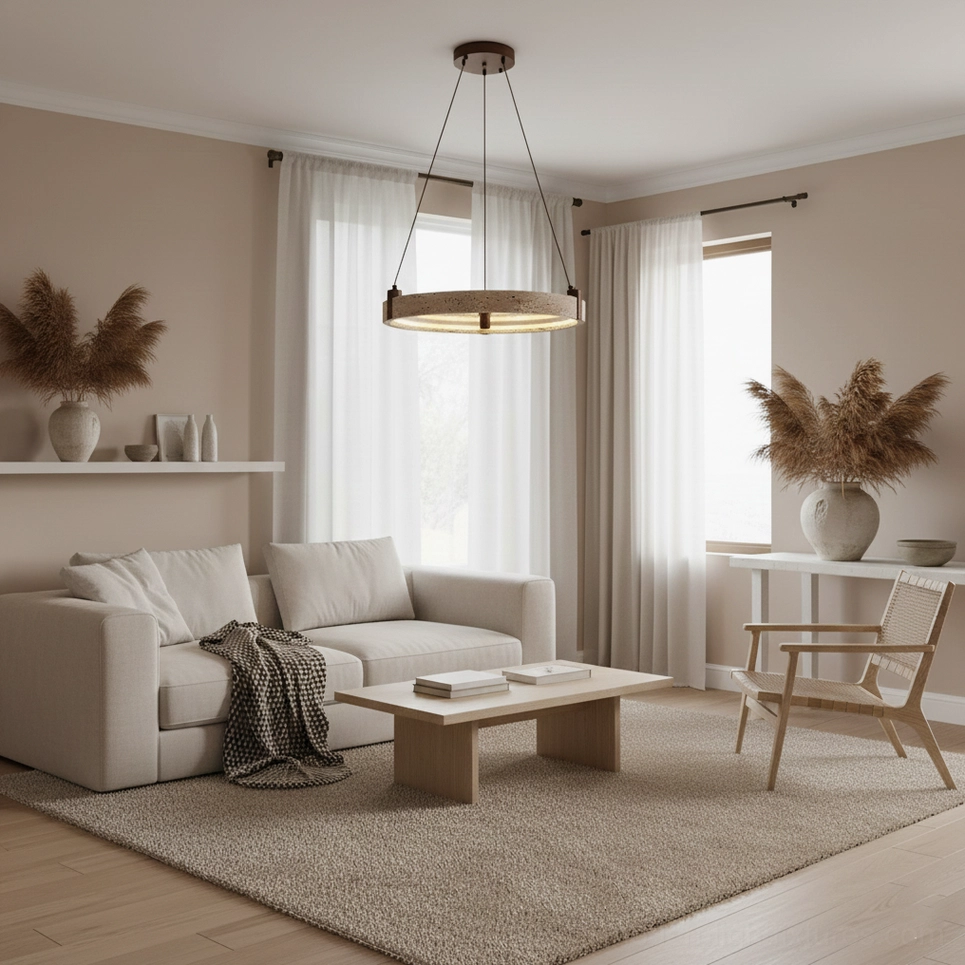 Eclora travertine ring pendant light in Japandi minimalist interior space