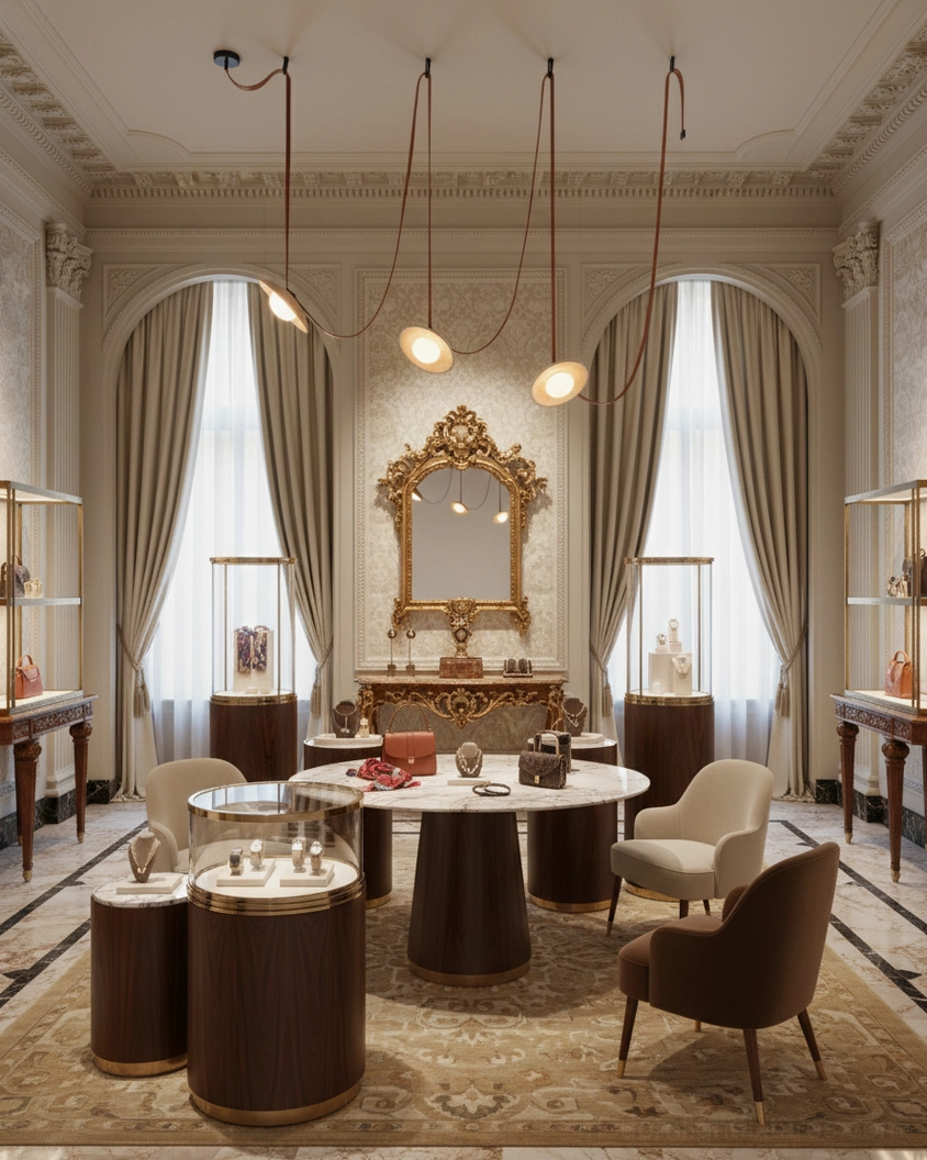 Travertine chandelier with leather suspension in high-end luxury retail showroom, neoclassical design environment