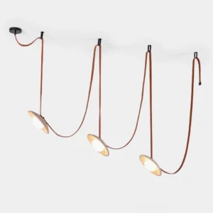Modern travertine chandelier with multiple heads and brown leather suspension straps, overhead studio view showcasing geometric design
