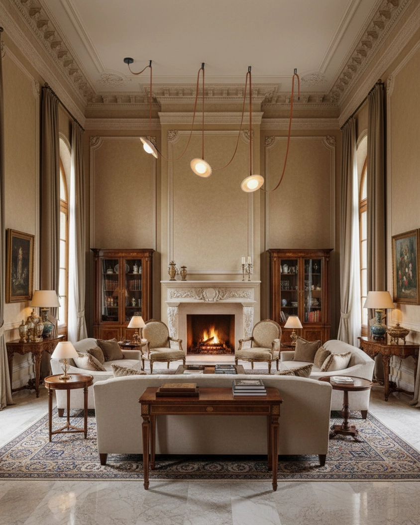 Modern travertine chandelier in luxury neoclassical living room with fireplace, panoramic interior design view