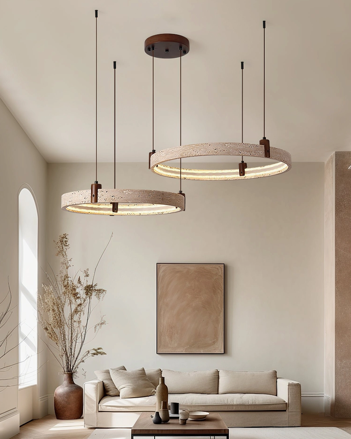 Multi-tier travertine ring pendant light showing shadow and light interplay