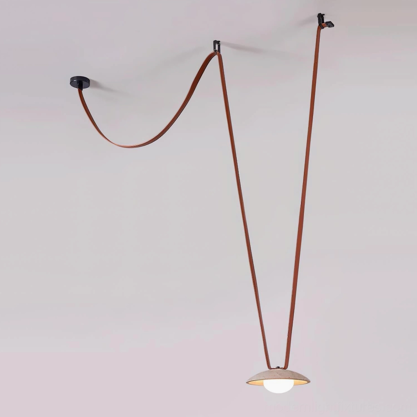 Travertine pendant chandelier detail showing natural stone texture, glass diffuser, and metal mounting hardware