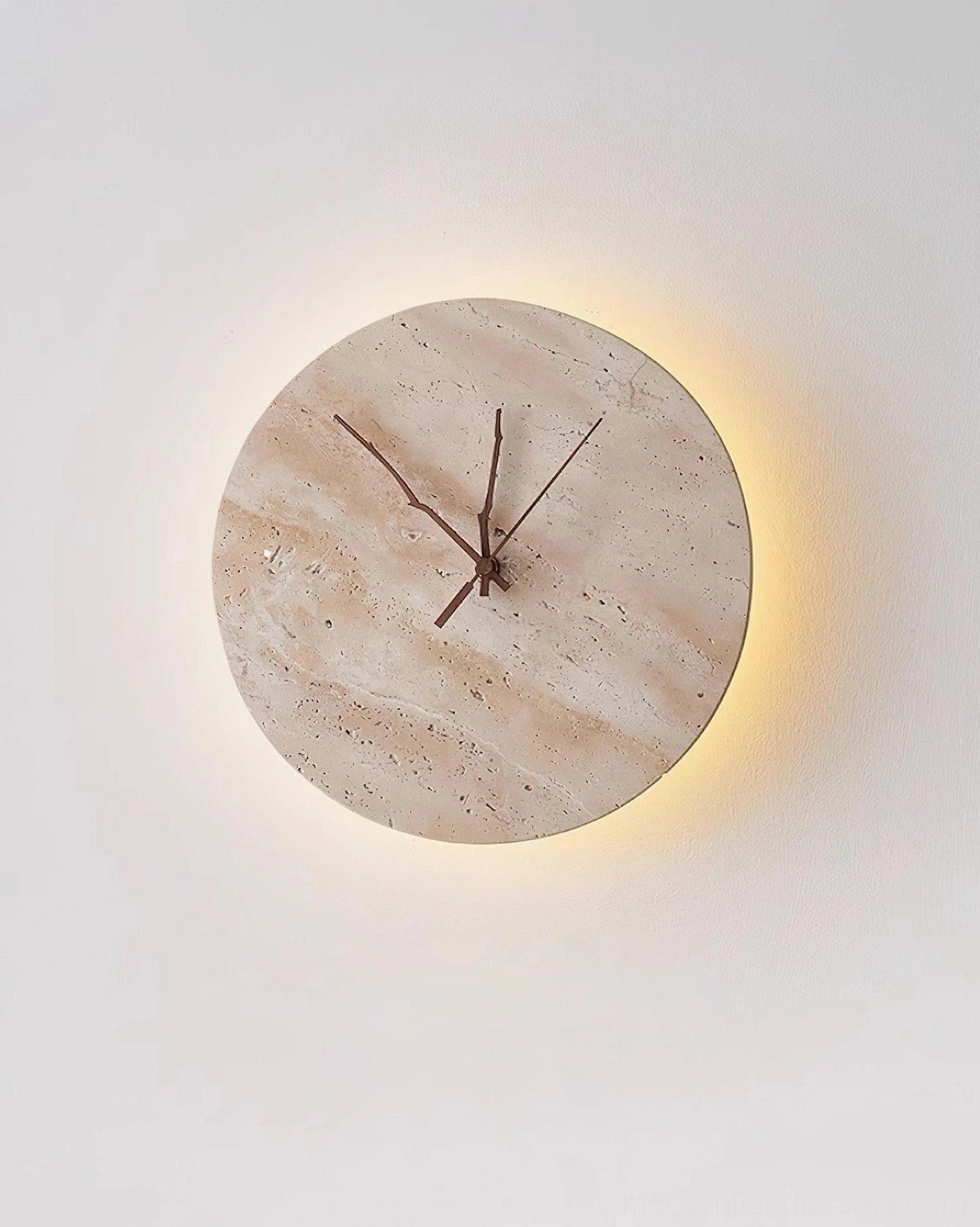 30cm diameter travertine round clock wall sconce with integrated LED warm white backlighting