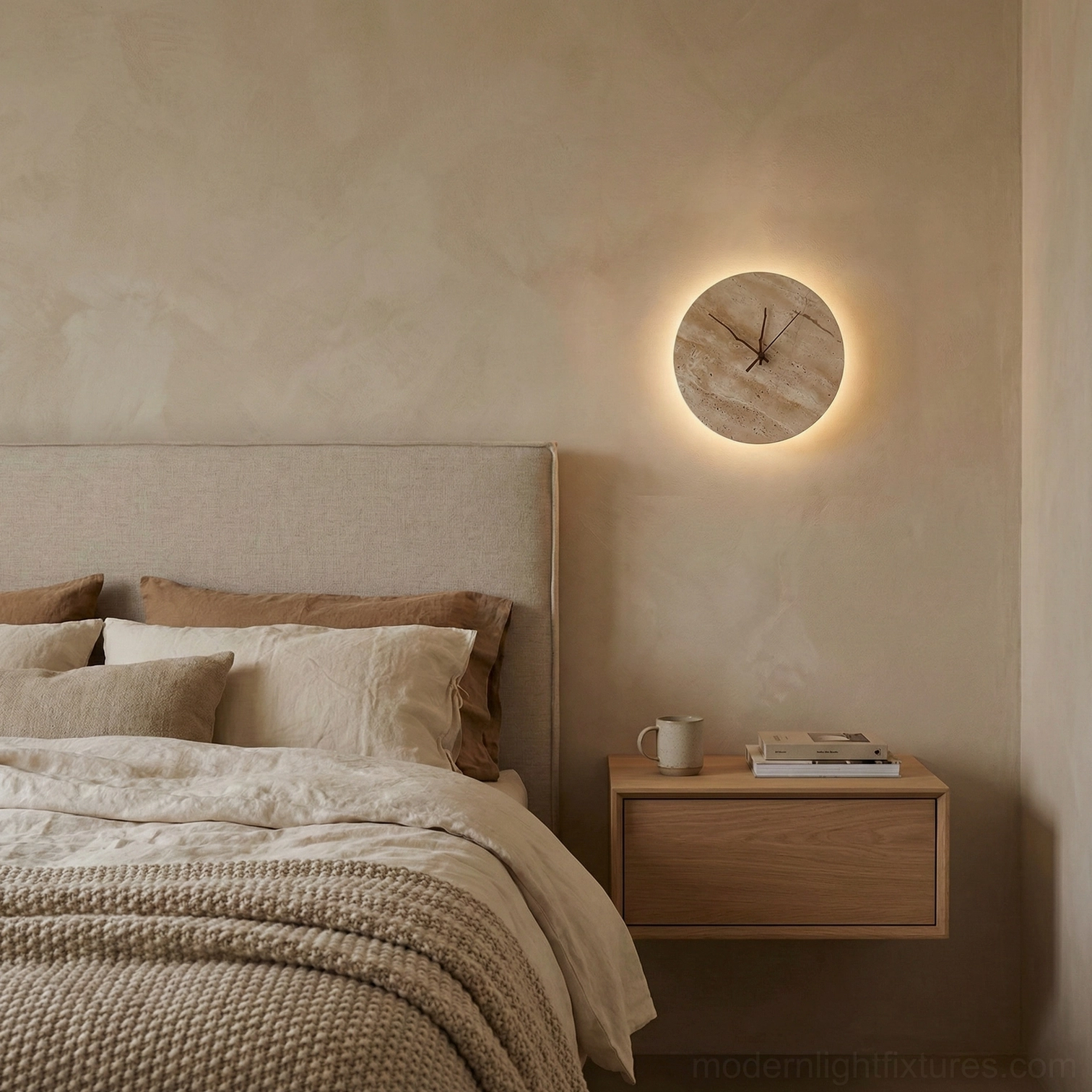 Warm LED travertine clock wall sconce above wooden bedside nightstand in master bedroom