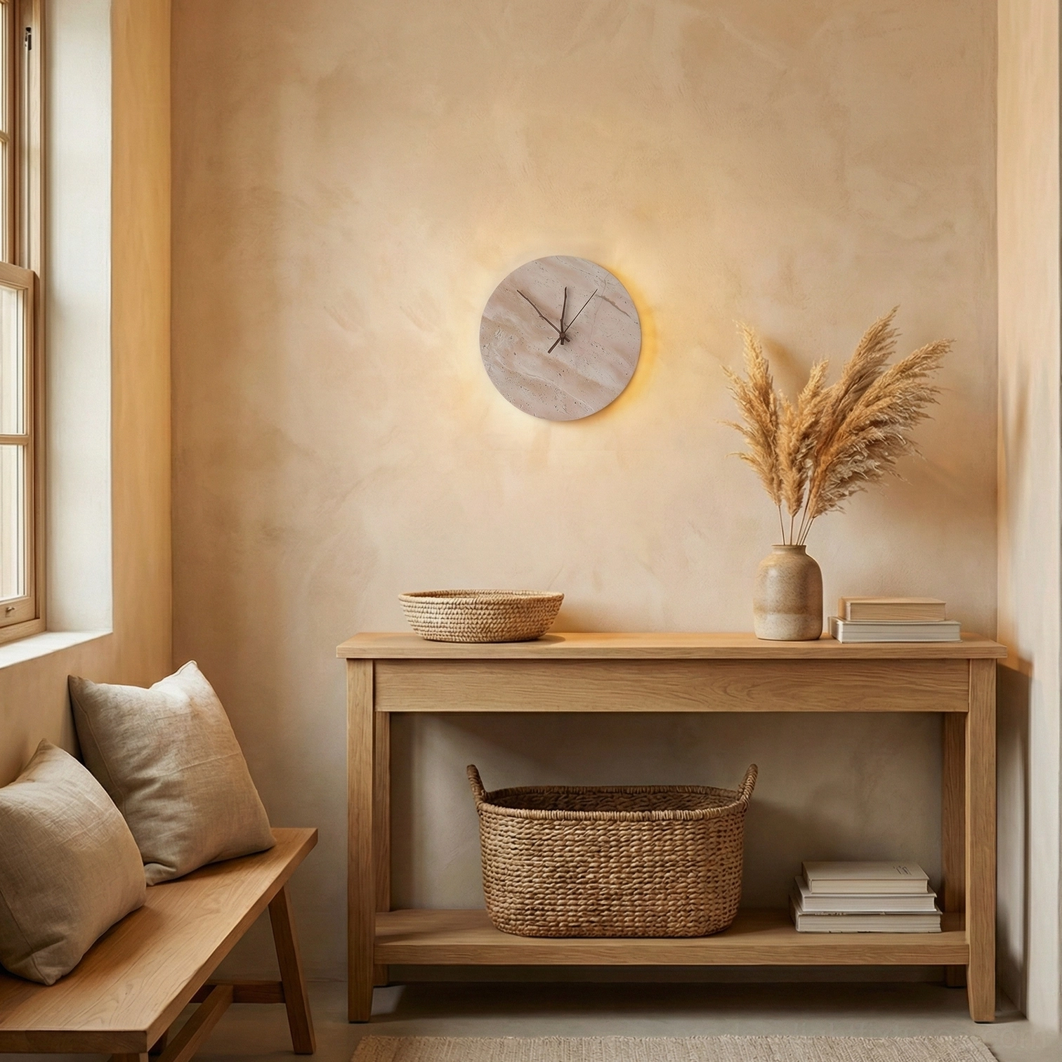 Minimalist bedroom with travertine clock wall sconce providing soft warm lighting and time display