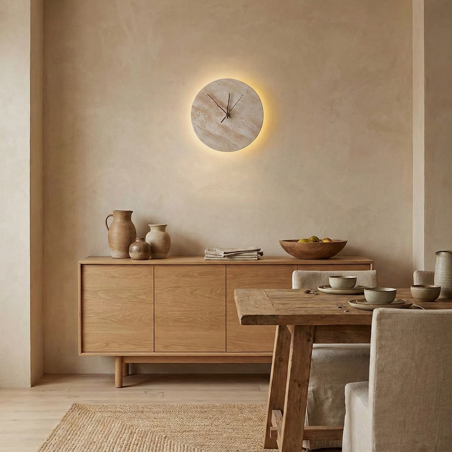Backlit travertine clock wall lamp in rustic neutral dining room above wooden sideboard cabinet