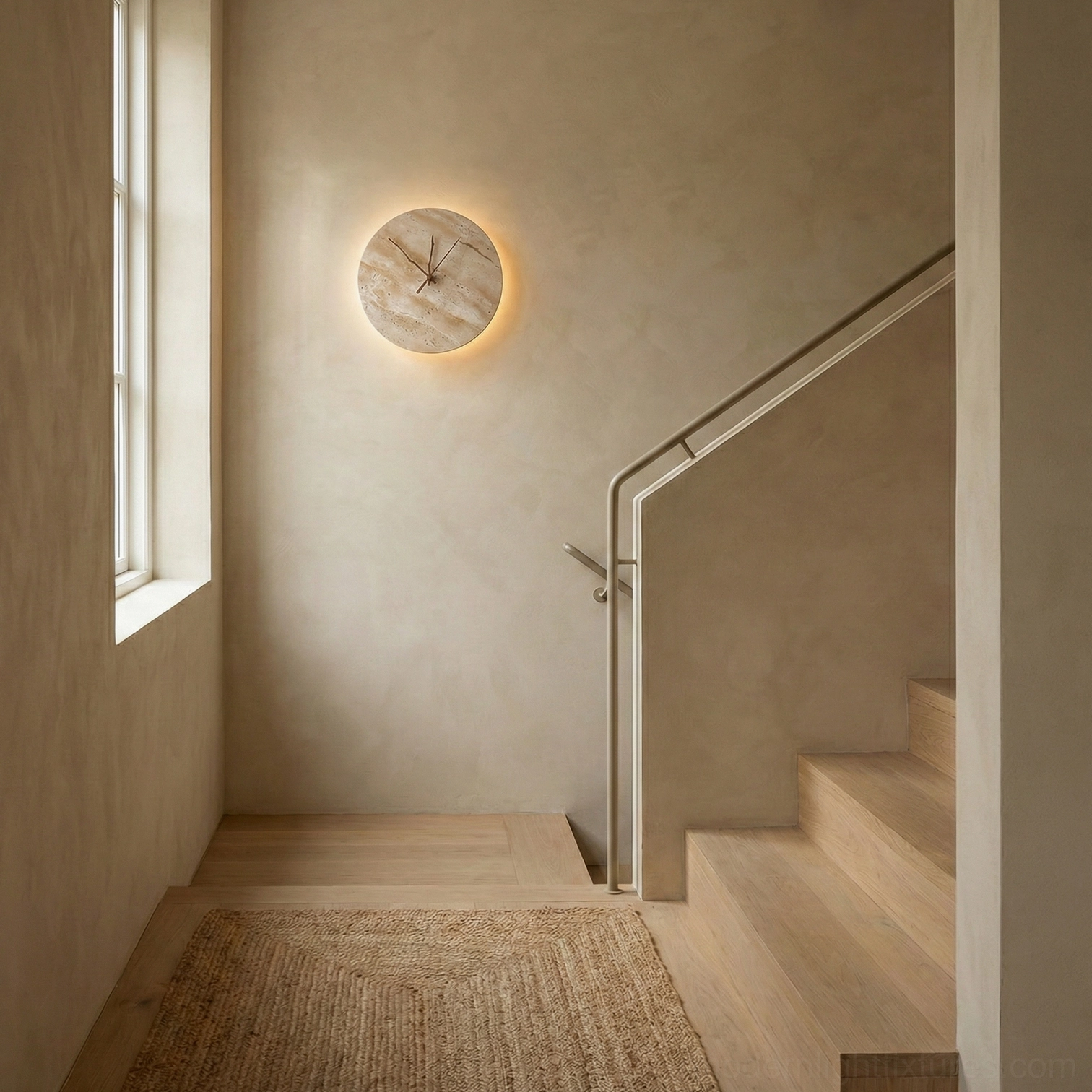Warm backlit travertine clock wall lamp mounted in minimalist staircase hallway near stairs