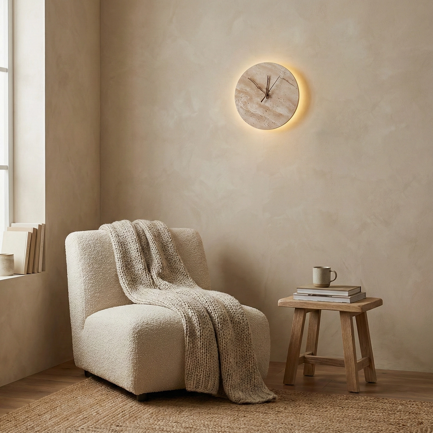 Contemporary home office space with travertine clock wall lamp mounted as functional accent lighting