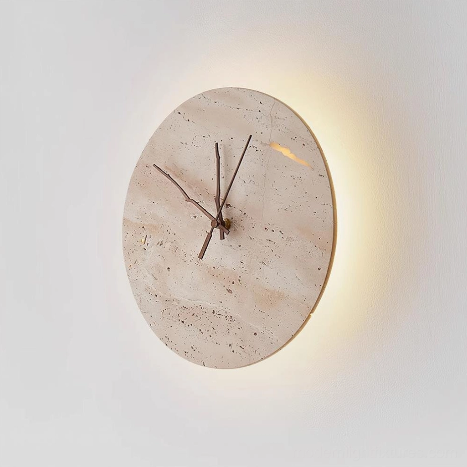 Travertine clock wall sconce with integrated LED showing 50000 hour lifespan performance