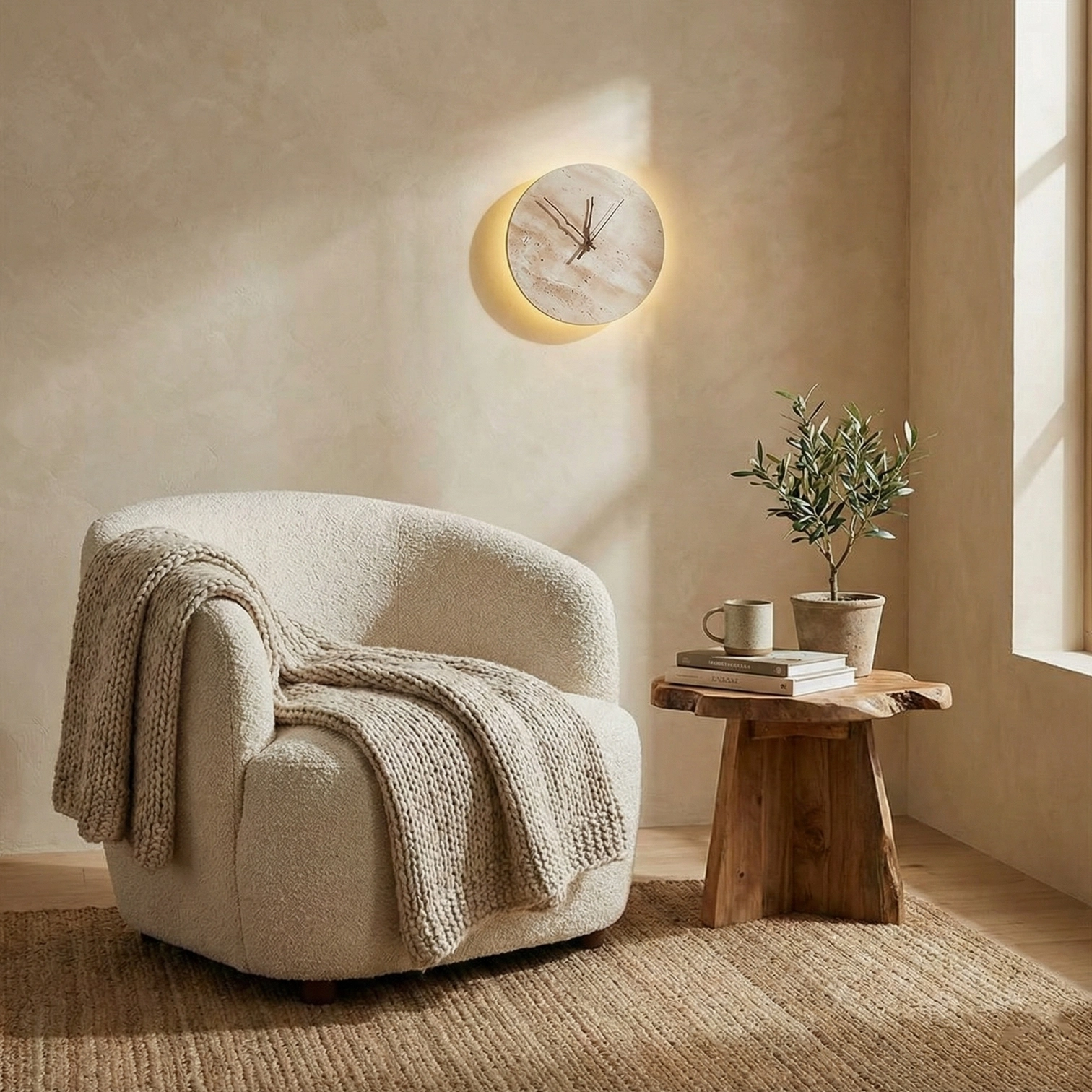 Travertine clock wall sconce creating ambient glow in cozy reading corner with boucle chair