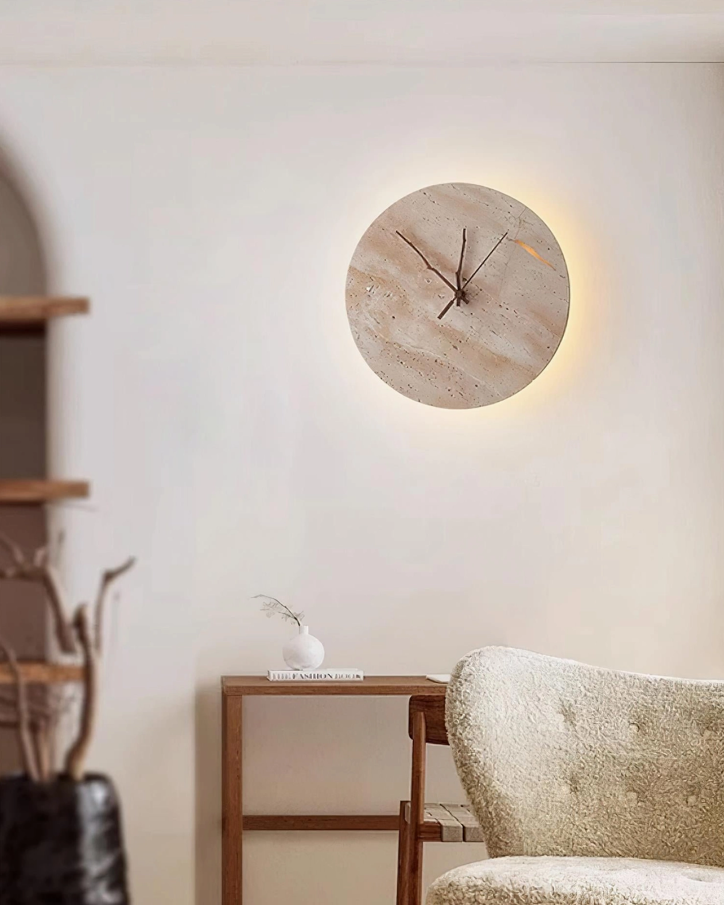 Beige travertine clock wall lamp with wabi-sabi minimalist aesthetic and natural stone texture