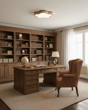 Modern travertine cloud ceiling light installed in contemporary home study room with warm ambient glow