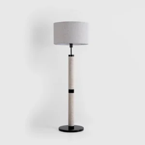 Travertine stone floor lamp with minimalist black metal round base - contemporary design lighting