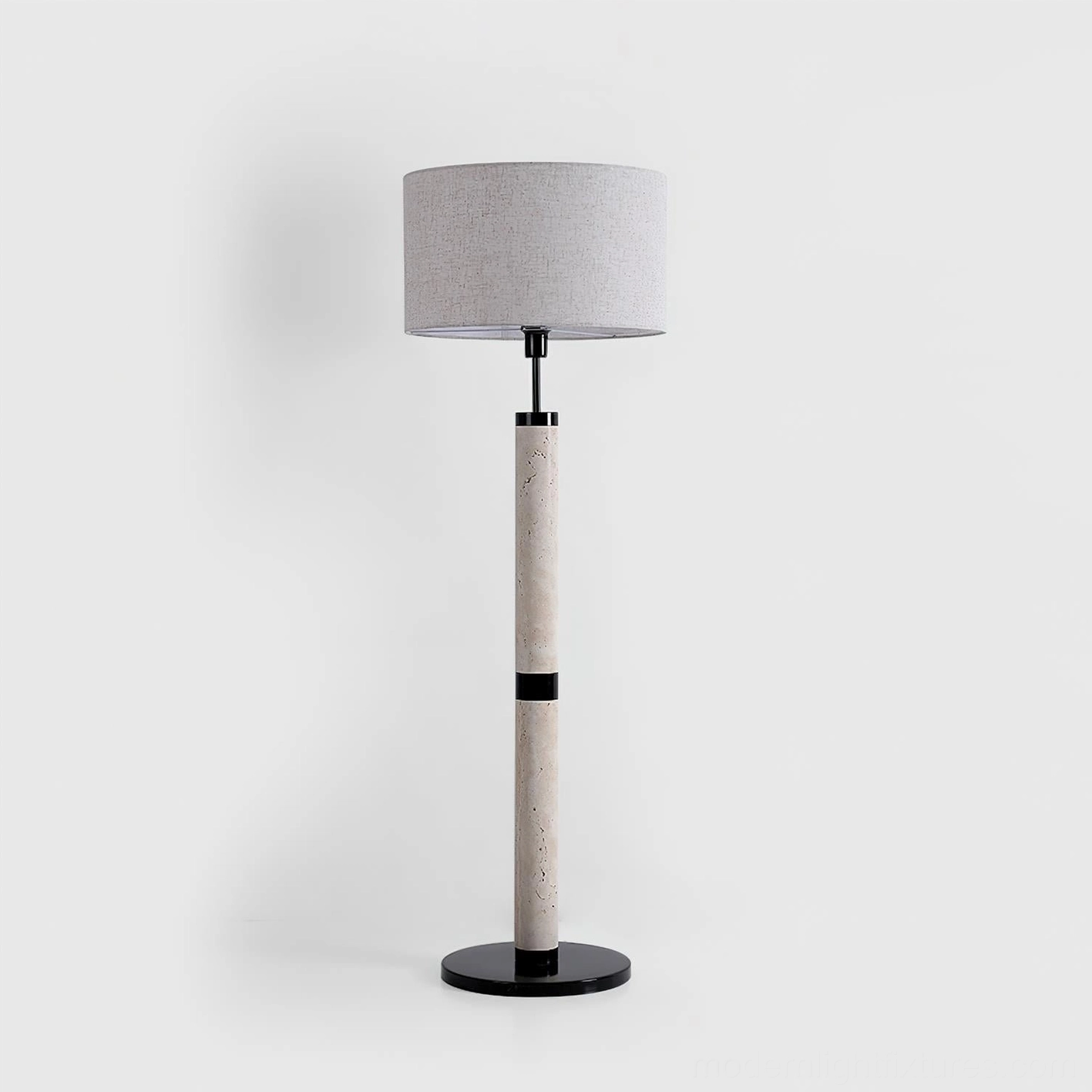 Travertine stone floor lamp with minimalist black metal round base - contemporary design lighting