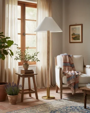 Modern travertine stone floor lamp in cozy living room with linen armchair, demonstrating warm diffused lighting and refined interior styling