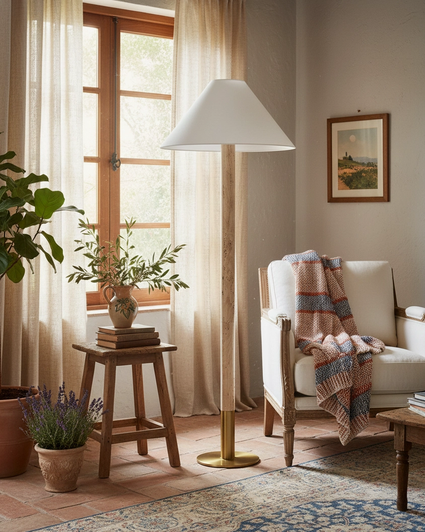 Modern travertine stone floor lamp in cozy living room with linen armchair, demonstrating warm diffused lighting and refined interior styling