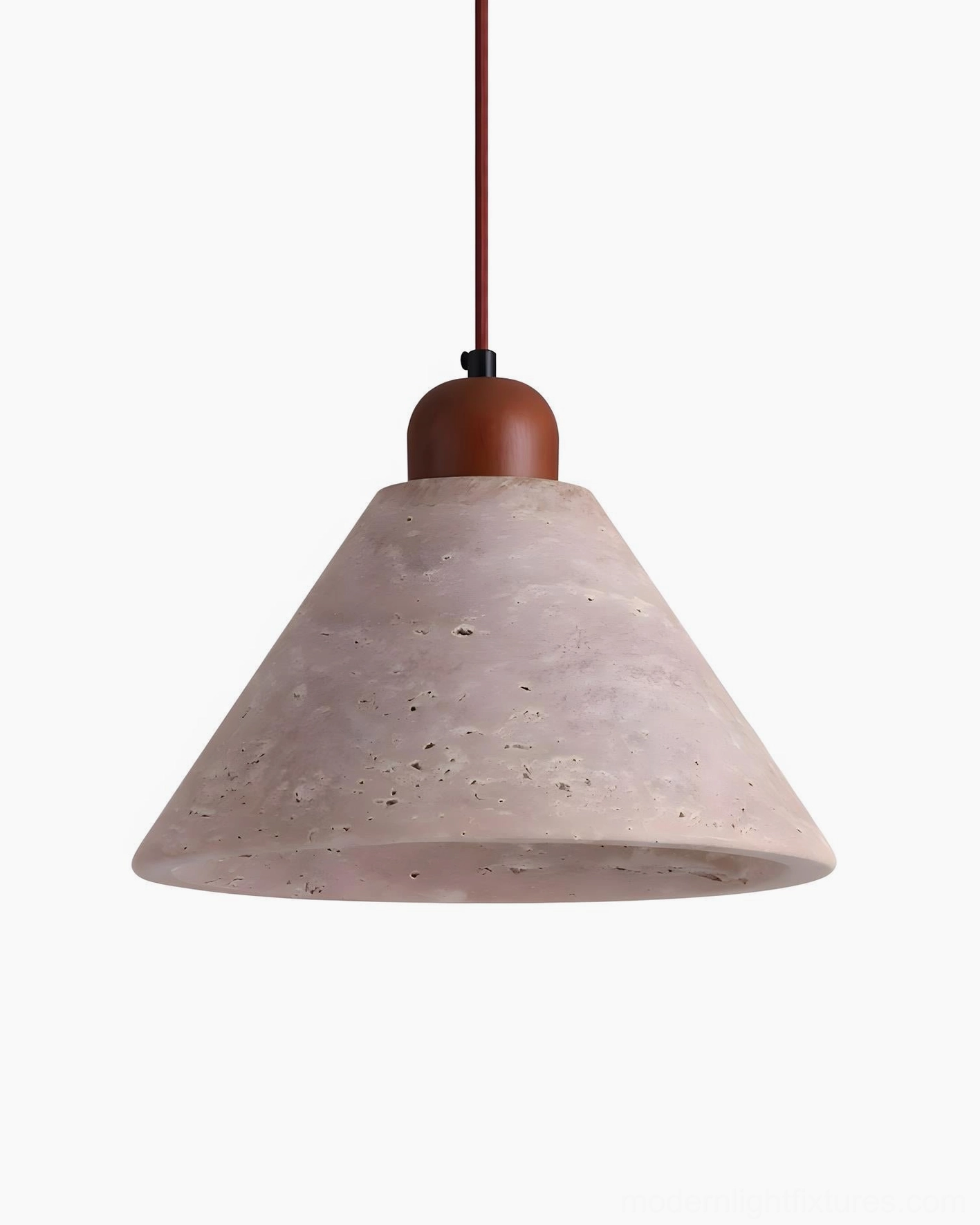 Travertine cone pendant light with wood cap in contemporary interior setting, showing natural stone aesthetic and warm color palette