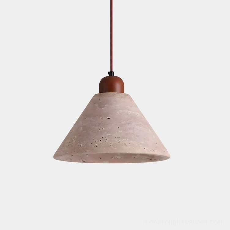 Single travertine cone pendant lamp with walnut wood cap in studio lighting, showcasing porous natural stone texture and warm beige tones