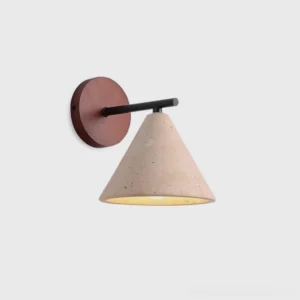 Travertine cone wall sconce front studio view - natural stone minimalist light fixture with warm wood backplate