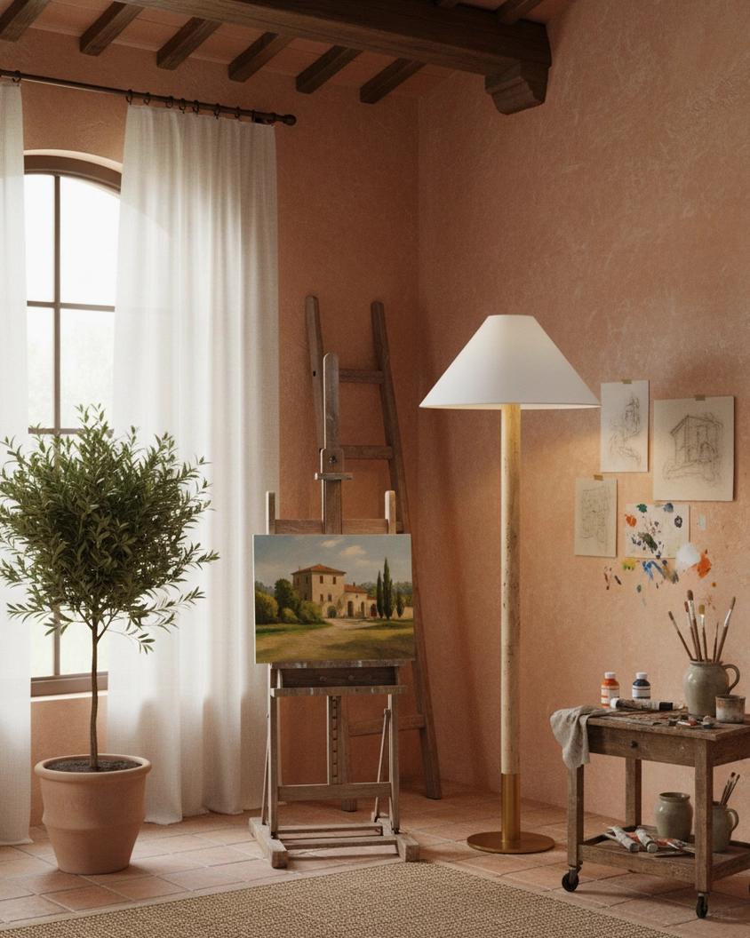 Contemporary travertine stone floor lamp in art studio corner near painting easel, providing gallery-quality warm light for creative work