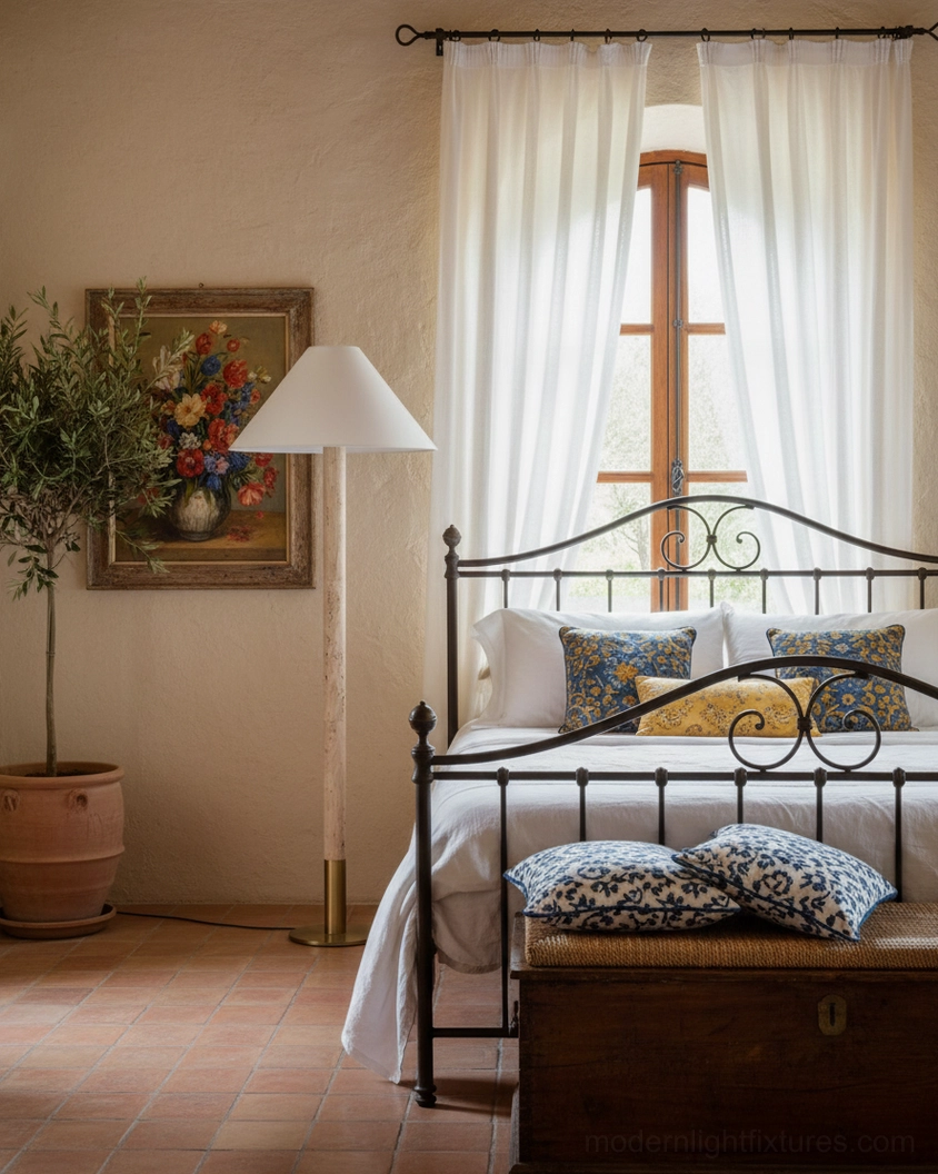 Warm-toned travertine column floor lamp in master bedroom corner with black wrought iron bed frame, creating cozy ambient lighting