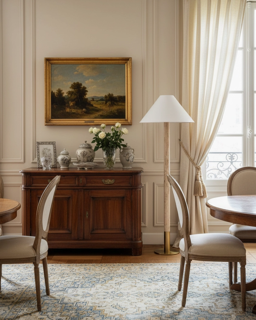 Complete travertine floor lamp setup showing warm neutral color palette with beige and white finishes, fabric shade construction, and metal hardware details