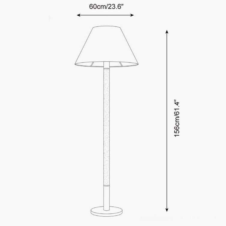 Technical schematic drawing showing travertine floor lamp dimensions: 156cm height, 60cm base diameter with detailed specifications
