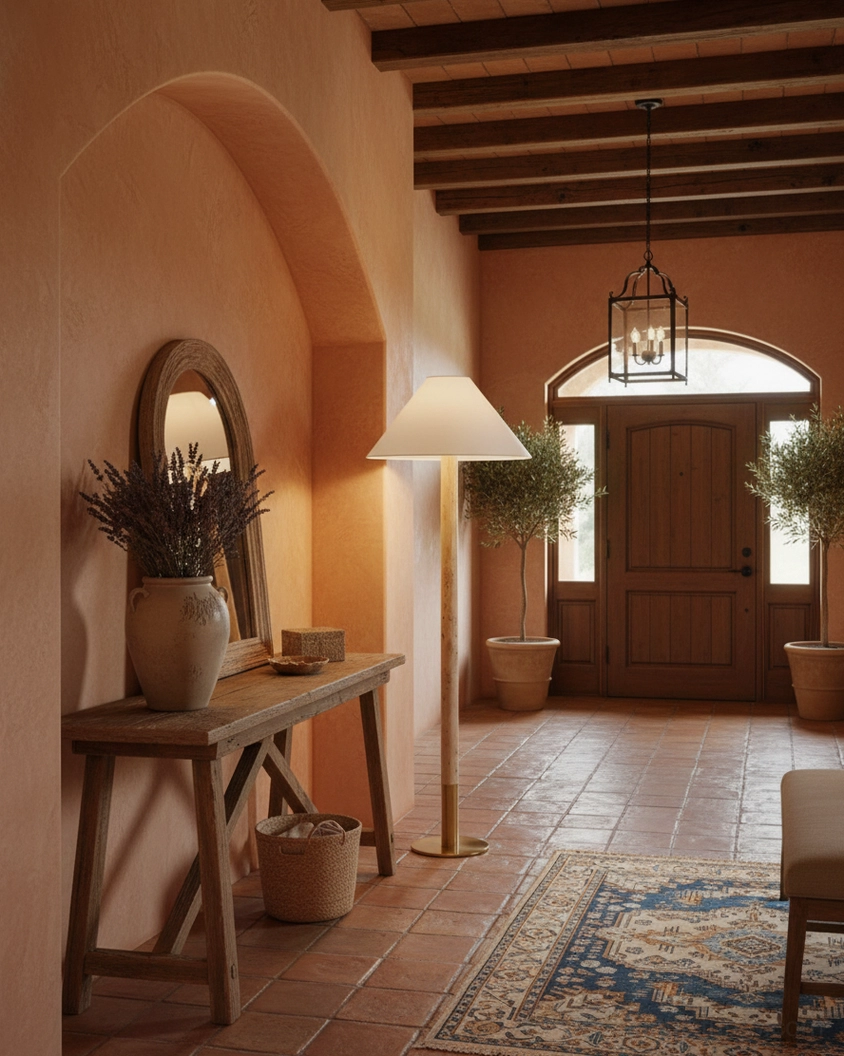 Natural stone travertine floor lamp in mediterranean-style terracotta entryway hallway with rustic architectural elements