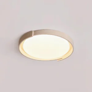 Modern travertine flush mount ceiling fixture, warm neutral tone, close-up architectural view