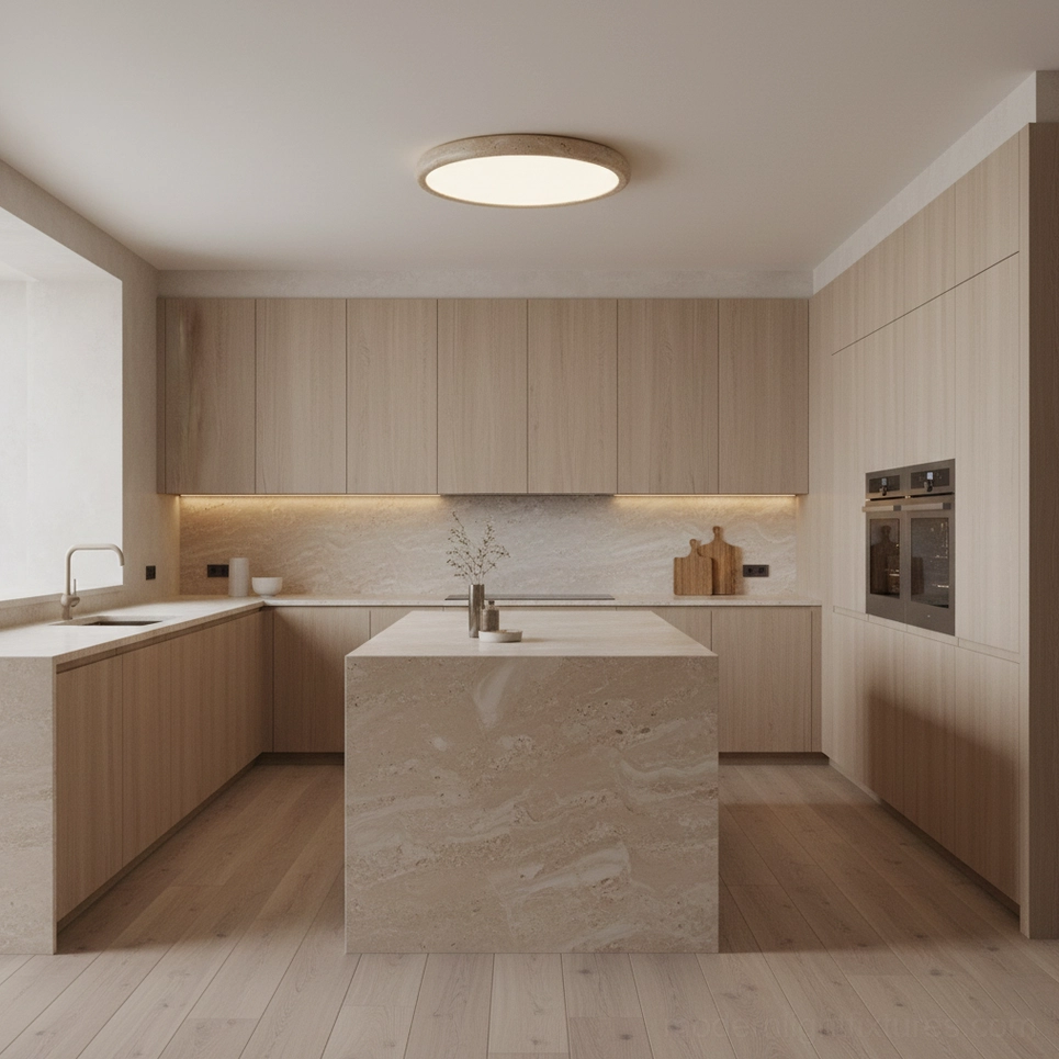 Kleine travertine ceiling light installed in modern kitchen with wood accents