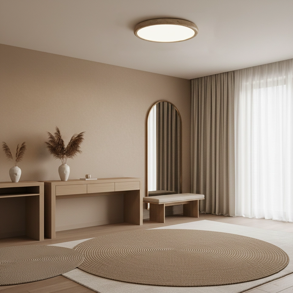 Modern travertine ceiling light showing natural stone texture and variations