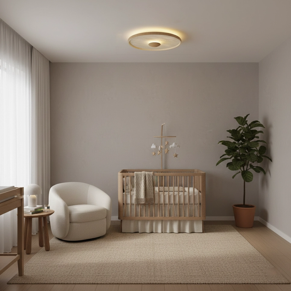 Travertine ceiling light providing gentle warm illumination in soft bedroom environment